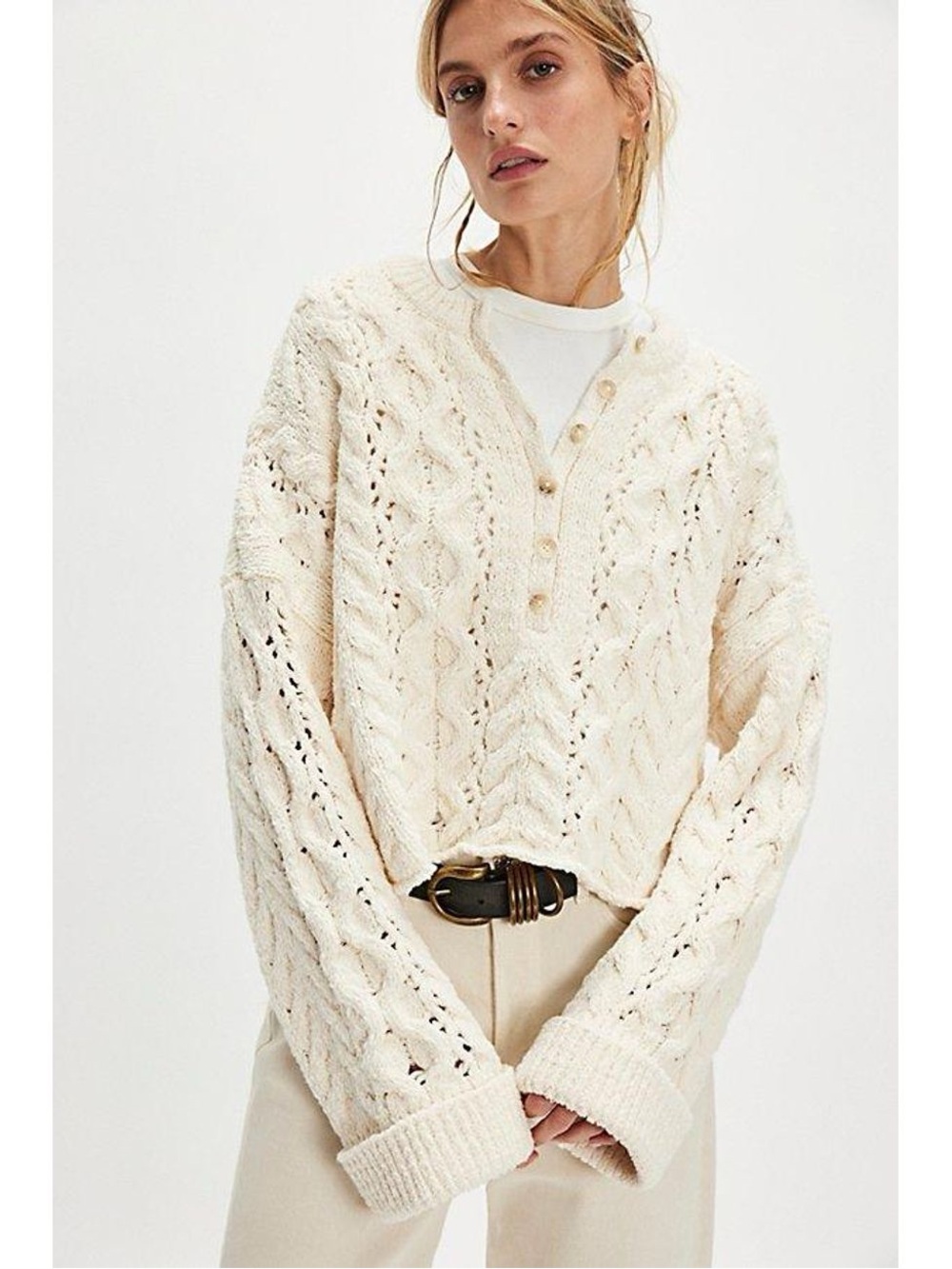 Free People Polly Cable Knit Button-Front Sweater Pullover - Cream